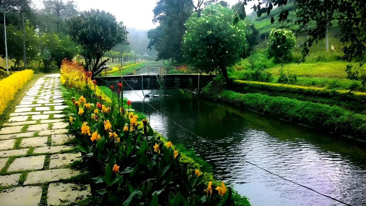 Blossom Hydel Park with flower-lined pathways and a calm water canal in Munnar, Kerala